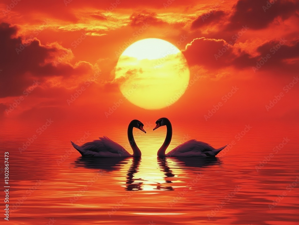 Fototapeta premium Swan couple gliding at sunset in tranquil waters nature photography serene environment