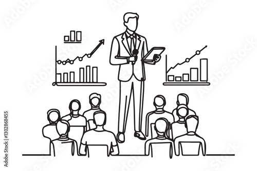 continuous one single black line art doodle hand drawing of Professional Entrepreneur pitching a business idea to investors illustration on white background