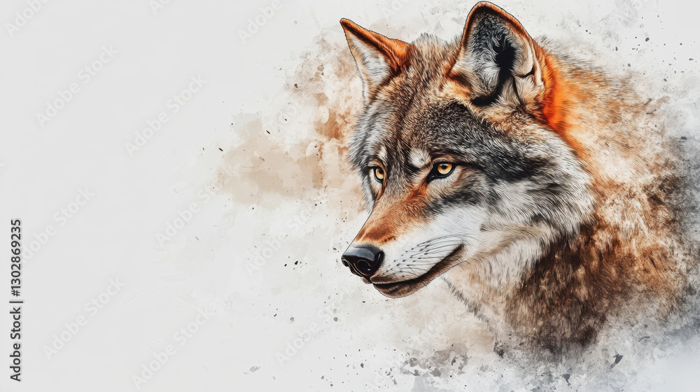 Obraz premium detailed watercolor painting of eastern wolf with intricate shading on white background, capturing wolf intense gaze and natural beauty