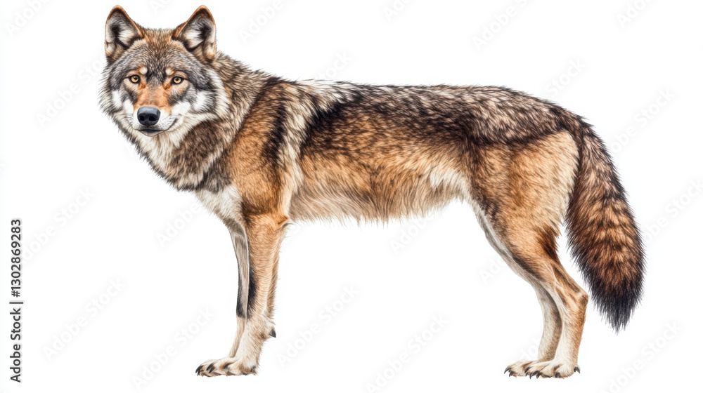 Obraz premium detailed watercolor illustration of eastern wolf with intricate shading on white background, showcasing its majestic and natural beauty