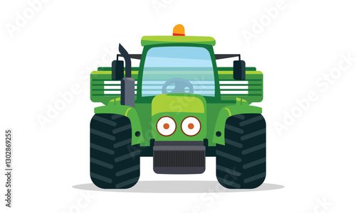 Front-view vector illustration of a farm tractor showcasing agricultural machinery used for harvesting and transportation. Perfect for farming, agronomy, and industrial agriculture designs