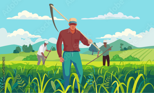 Men mowing grass with scythes in the field, farmers village life in asia
