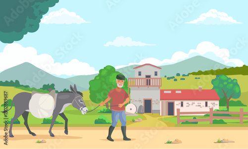Peasant man going to the mill with his donkey, village life.