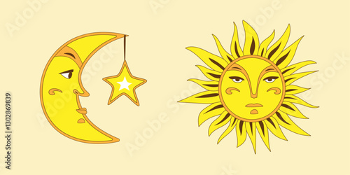 Sun and moon. Set of antique sun and moon symbols with a face, mystical symbols of astrology, zodiac, esotericism. Vector illustration isolated on a beige background. Mystical elements in boho style