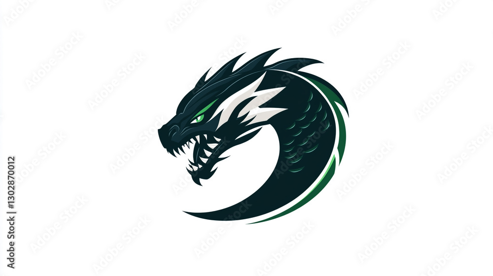 Naklejka premium Powerful Black Dragon Head Logo Design Green Accents Fierce Illustration