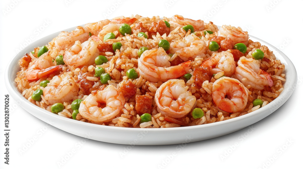 delicious plate of shrimp fried rice with plenty of shrimp, peas, and carrots, served on white dish. vibrant colors and generous shrimp portions make it appetizing meal delicious plate of shrimp fried rice with plenty of shrimp, peas, and carrots, served on white dish. vibrant colors and generous shrimp portions make it appetizing meal