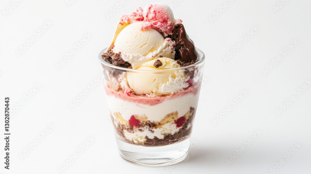 delicious ice cream trifle in glass with layers of vanilla ice cream, chocolate, and fruit, topped with scoop of strawberry ice cream. dessert is beautifully presented against white background delicious ice cream trifle in glass with layers of vanilla ice cream, chocolate, and fruit, topped with scoop of strawberry ice cream. dessert is beautifully presented against white background
