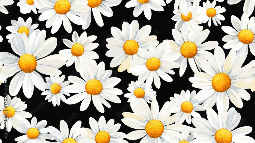 vibrant pattern of white daisies with yellow centers on black background creates striking contrast, perfect for graphic design projects vibrant pattern of white daisies with yellow centers on black background creates striking contrast, perfect for graphic design projects