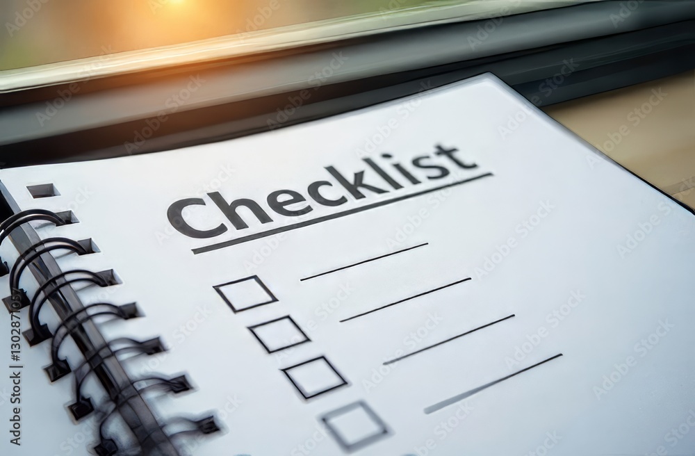 A neatly organized checklist rests on a wooden table illuminated by soft sunlight. The table is placed next to a window creating a calm and productive atmosphere for planning tasks. A neatly organized checklist rests on a wooden table illuminated by soft sunlight. The table is placed next to a window creating a calm and productive atmosphere for planning tasks.