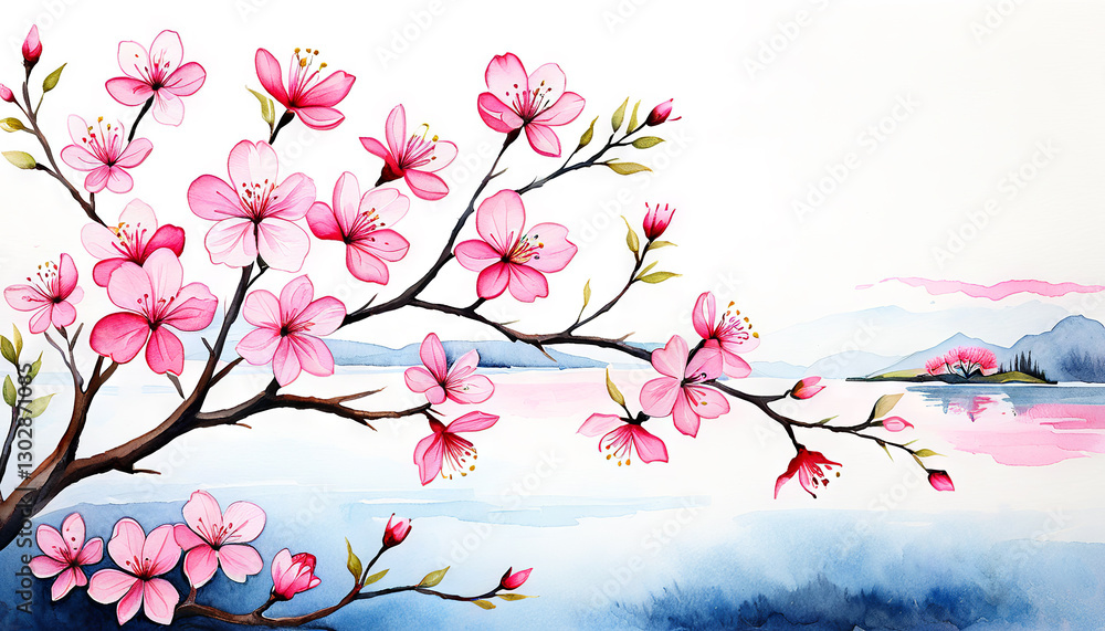 Naklejka premium Watercolor painting of cherry blossoms over a calm lake