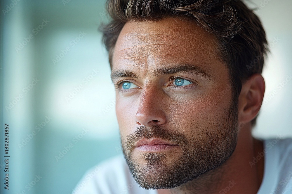Obraz premium Thoughtful man gazing into distance with intense blue eyes in bright, softly lit indoor setting during midday