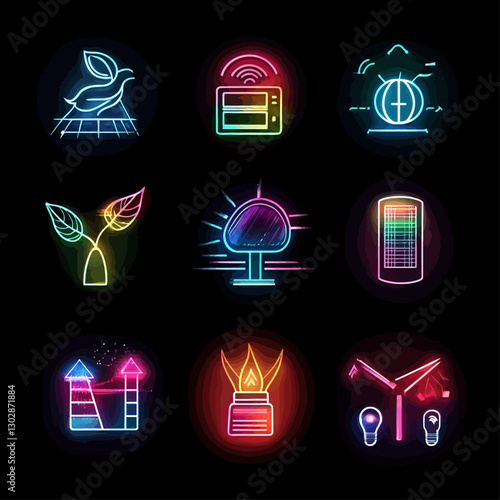 Neon Icons Set Depicting Renewable Energy, Green Technology, and Innovation