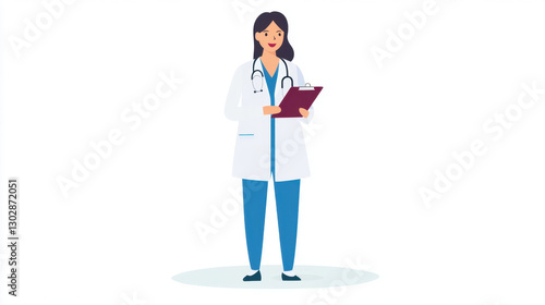 female nurse in white coat holding clipboard, symbolizing professionalism and care in medical setting. illustration conveys sense of dedication and expertise in healthcare