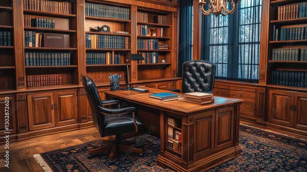 Fototapeta premium Elegant wooden office with large desk and bookshelves. Ideal for business, success, or luxury concepts.