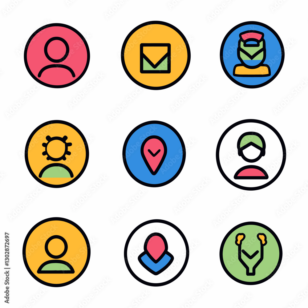 Colorful Icons Illustrating Users, Mail, Location, Access and Healthcare Colorful Icons Illustrating Users, Mail, Location, Access and Healthcare
