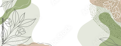 Soft botanical background with delicate floral line art and abstract organic shapes. Green, beige, and white tones. Vector illustration