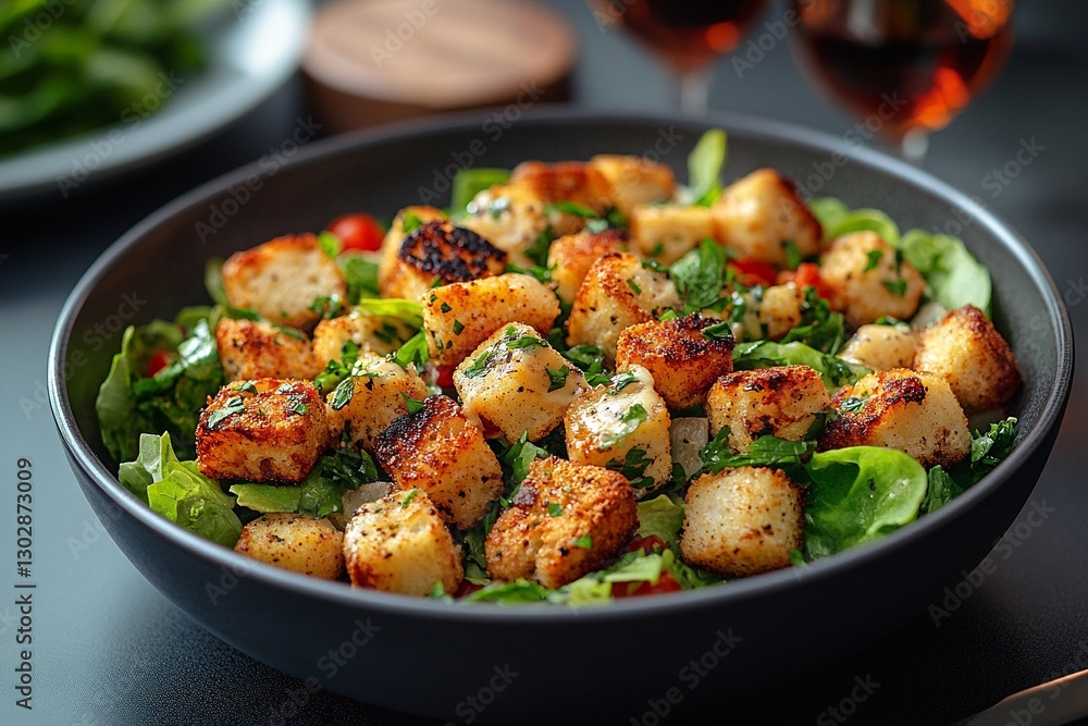 Fresh salad with crispy croutons served in a black bowl, garnished with herbs and accompanied by glasses of beverage in an elegant setting Fresh salad with crispy croutons served in a black bowl, garnished with herbs and accompanied by glasses of beverage in an elegant setting