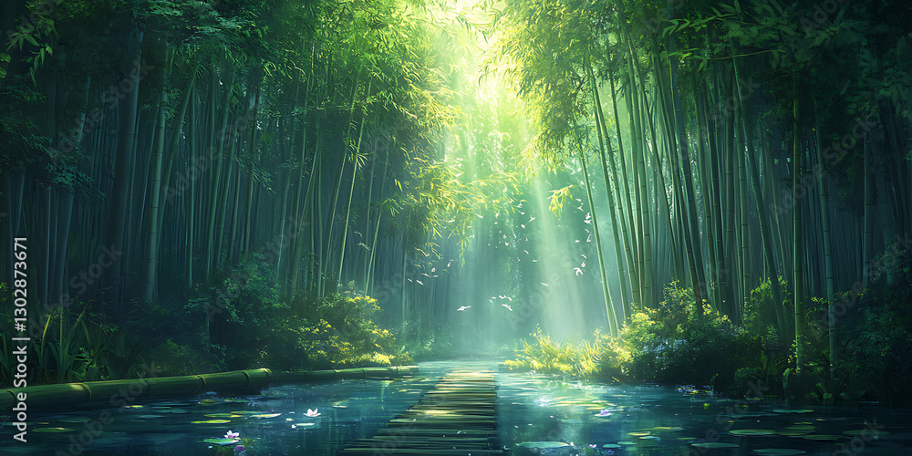 Obraz premium Towering Bamboo Forest with Lush Green Stalks Forming a Dense Canopy