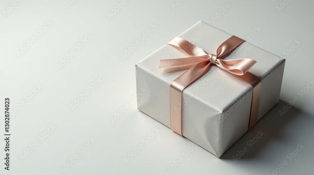 A delicately wrapped present, a symbol of thoughtful gifting, showcases a pristine off-white box adorned with a blush-toned satin ribbon, tied in a classic bow. A delicately wrapped present, a symbol of thoughtful gifting, showcases a pristine off-white box adorned with a blush-toned satin ribbon, tied in a classic bow.