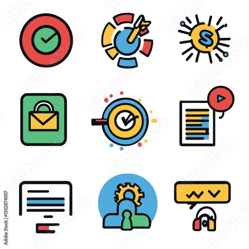 Business icons set showing workflow, finance and communication concept
