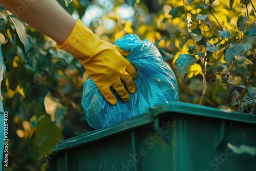 Wallpaper Mural Gloved hand puts blue trash bag into green bin outdoors. Illustrates responsible waste disposal and environmental consciousness. Torontodigital.ca