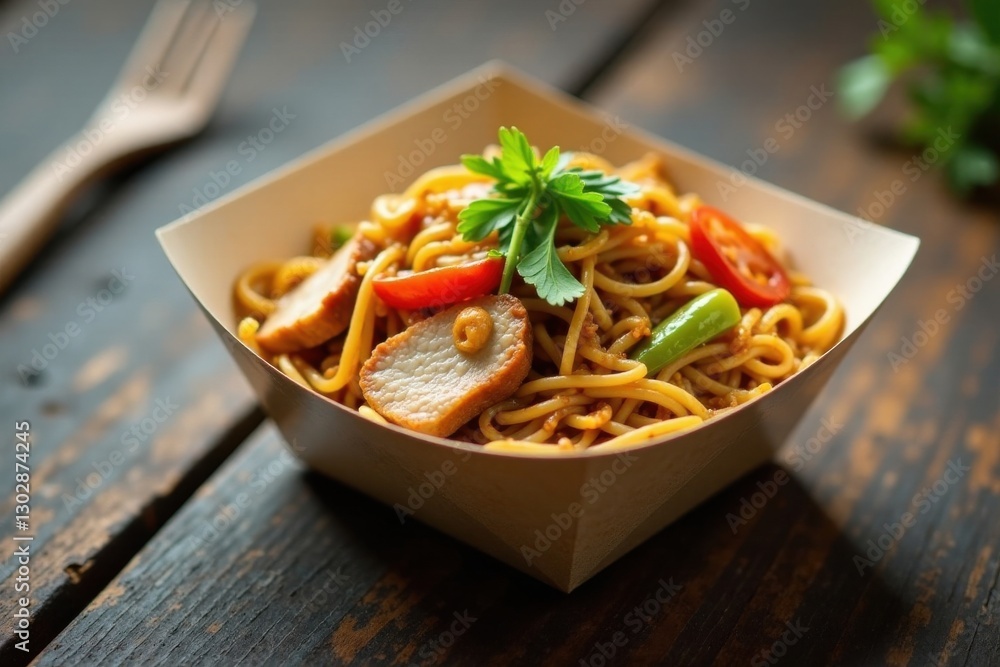 Savory Spaghetti Dish with Meat and Vegetables in a Sustainable Takeout Container Savory Spaghetti Dish with Meat and Vegetables in a Sustainable Takeout Container