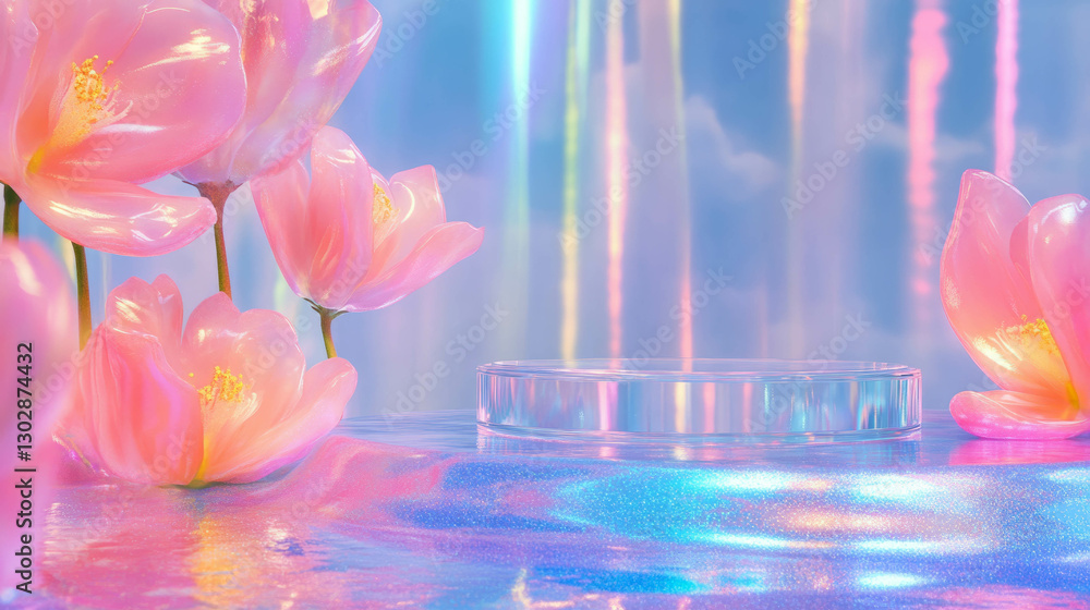 Abstract floral scene with glass podium and iridescent background for design Abstract floral scene with glass podium and iridescent background for design