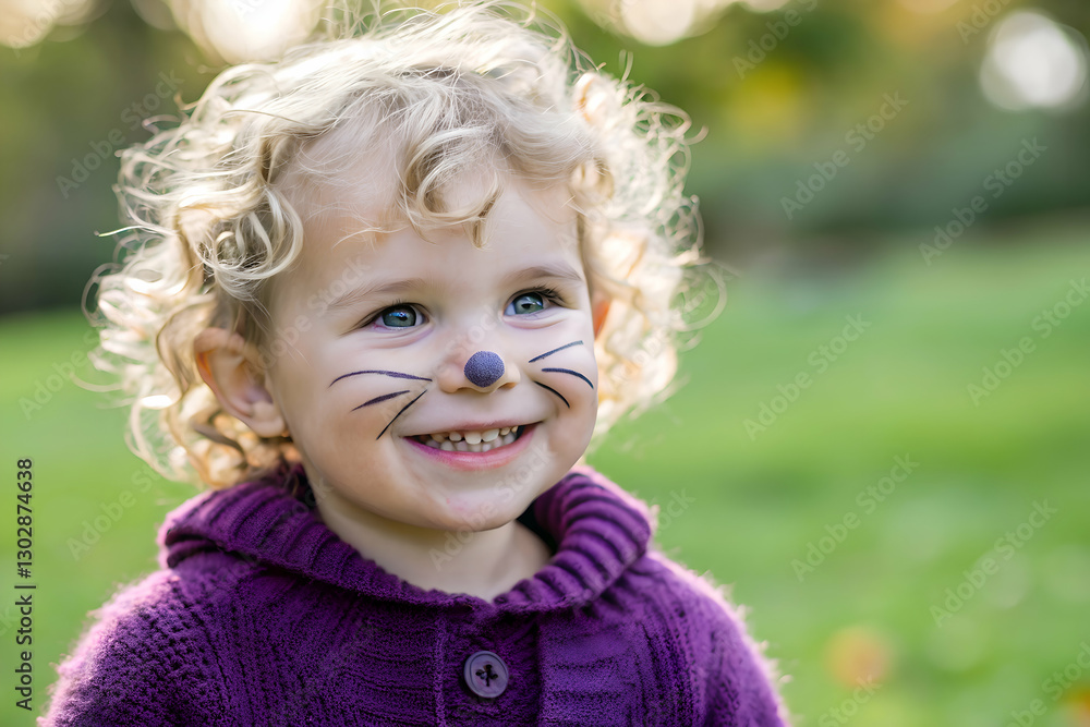 Adorable child with mouse whiskers face paint smiling at a fun birthday celebration Adorable child with mouse whiskers face paint smiling at a fun birthday celebration