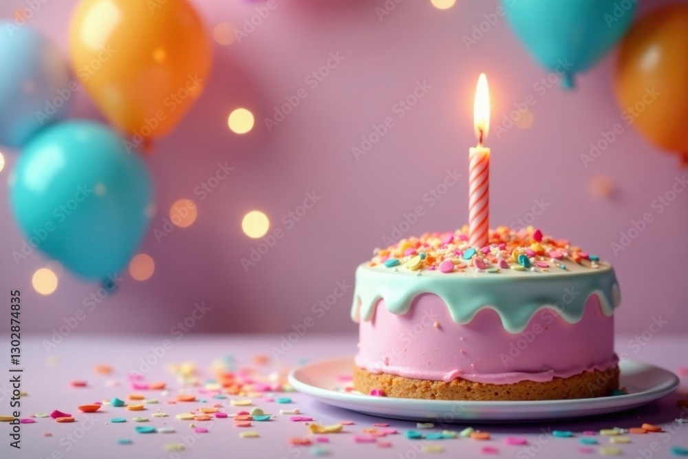 A single candle illuminates a delightful pink birthday cake adorned with colorful sprinkles, surrounded by pastel balloons and confetti, creating a festive and joyful atmosphere. A single candle illuminates a delightful pink birthday cake adorned with colorful sprinkles, surrounded by pastel balloons and confetti, creating a festive and joyful atmosphere.