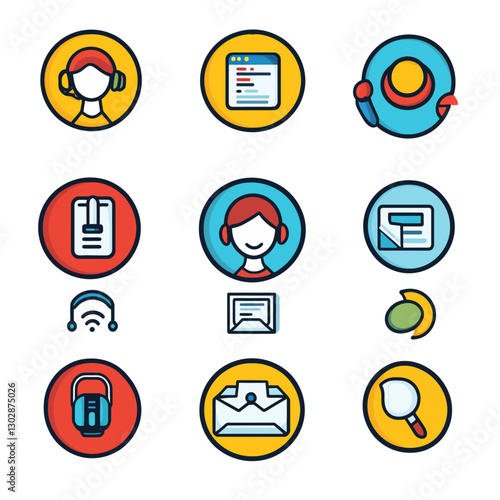 Customer Service Set of Cute Icon, Communication and Tech Support Symbols