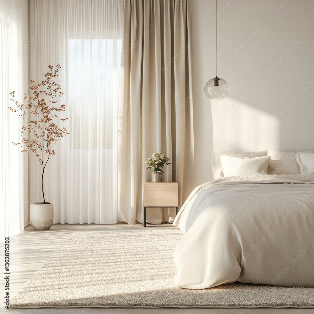 custom made wallpaper toronto digitalSunlit minimalist bedroom with beige bedding, curtains, and rug. (1)