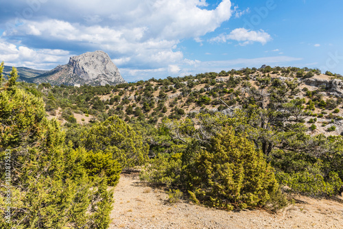 Views from the tourist mountain trail to Peak Cosmos on the Karaul-Oba mountain range on the Black Sea coast near the Golitsyn trail near  the village of Novy Svet, Crimea, Russia.