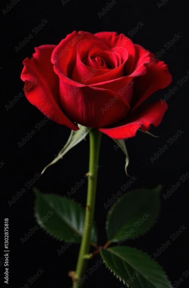 Naklejka premium A single red rose with vibrant petals is displayed against a black background highlighting its intricate details and lush green leaves symbolizing love and passion.