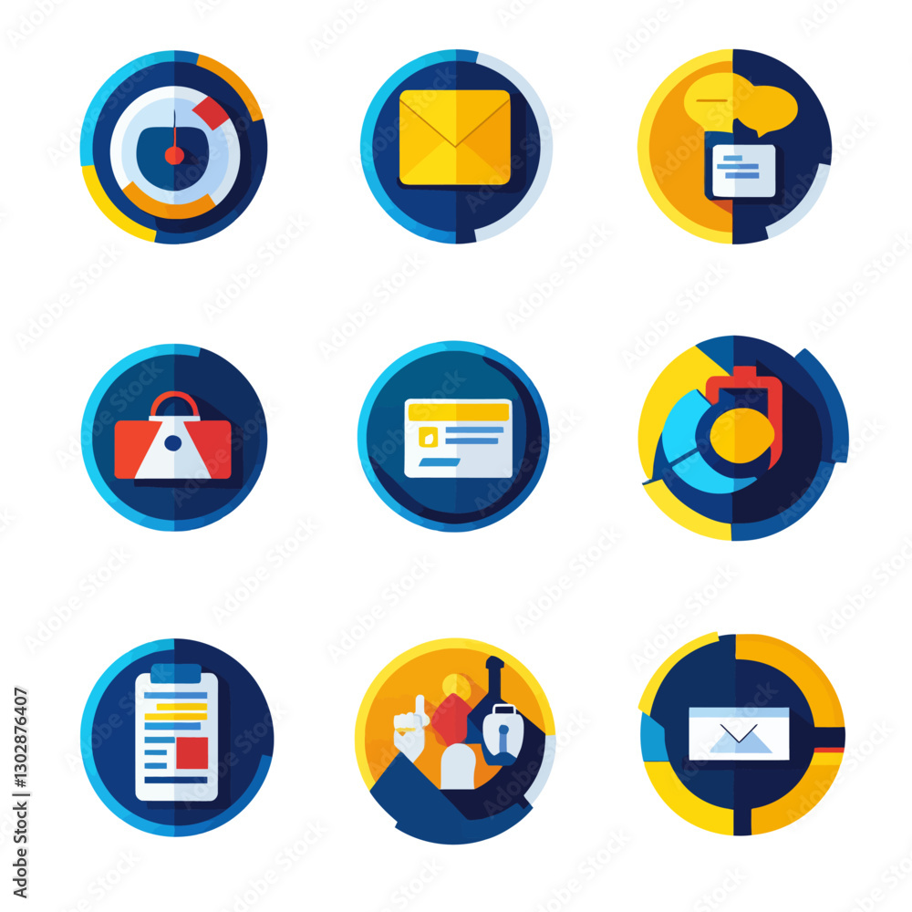 Business communication icons displaying timer, email, and analytics data Business communication icons displaying timer, email, and analytics data