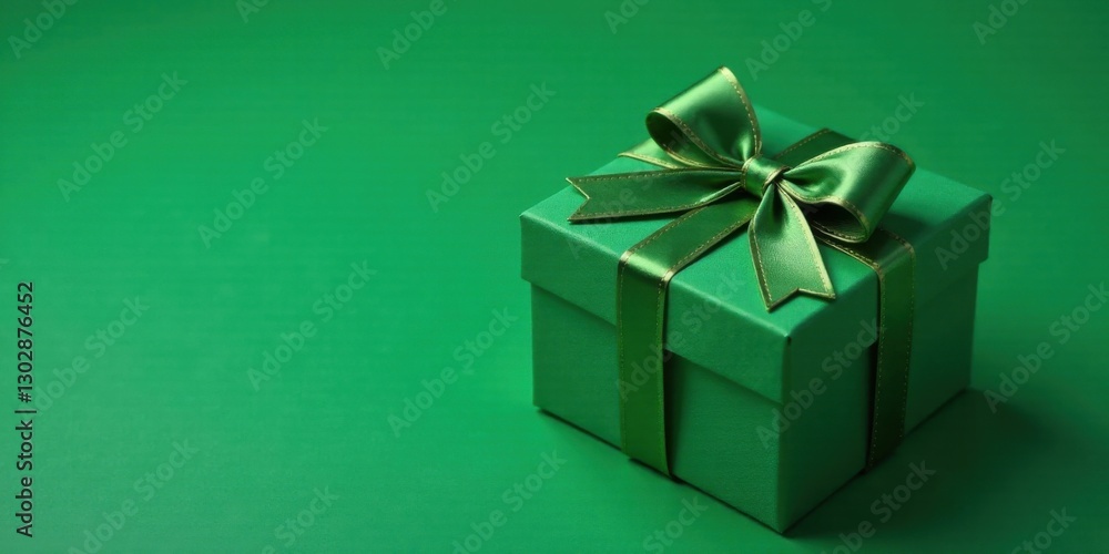 Obraz premium A luxuriously wrapped emerald green gift box, adorned with a matching satin ribbon and bow, rests elegantly on a coordinating backdrop.