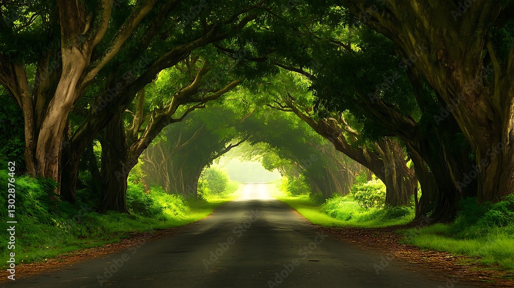 Naklejka premium Serene road photography in lush green nature travel destination tranquil environment captivating viewpoint