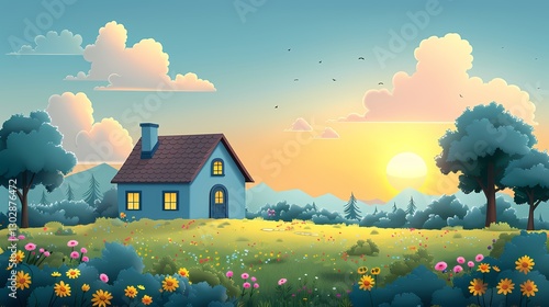Serene Home in Nature's Embrace: An idyllic scene of a cozy house nestled amidst a vibrant field of wildflowers, under a picturesque sky at sunset. Capturing a feeling of peace and tranquility.