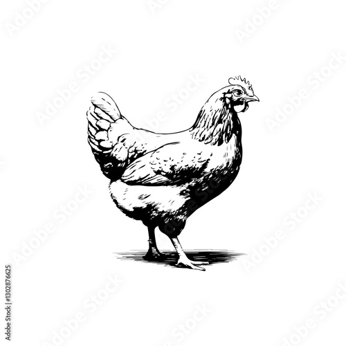 Retro engraving illustration of chicken in farmers yard. Vector illustration