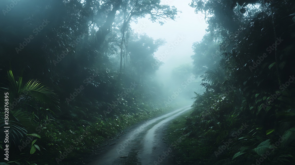Fototapeta premium Mysterious foggy road photography for travel enthusiasts in lush nature landscape