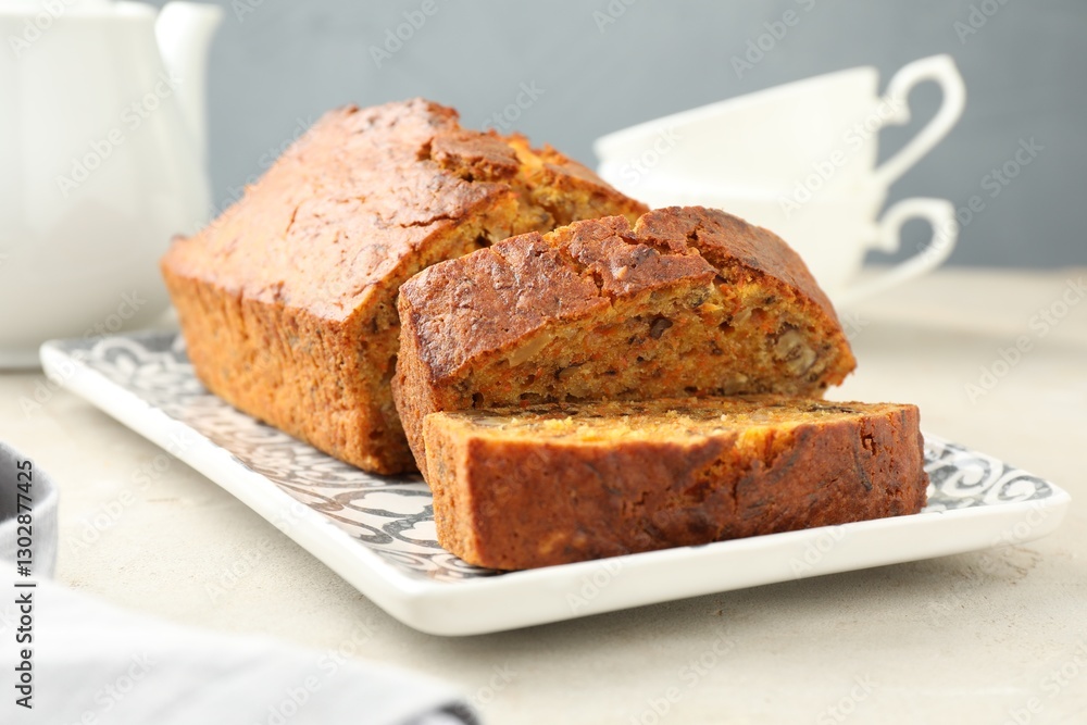 Cut homemade carrot cake with nuts on light grey table, closeup Cut homemade carrot cake with nuts on light grey table, closeup
