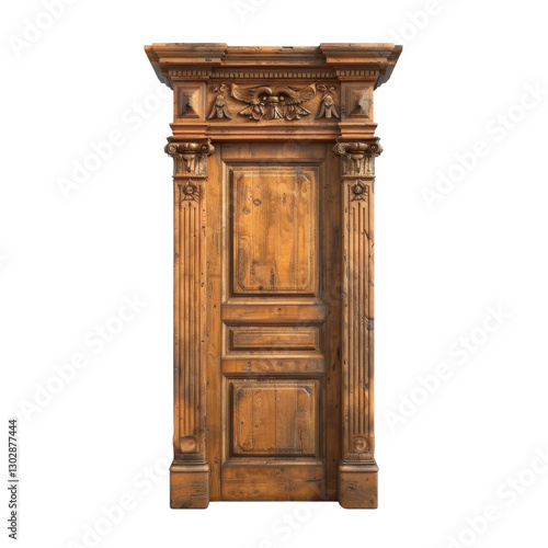 Antique wooden door with intricate carvings and detailed frame, showcasing craftsmanship and vintage style. Perfect for adding character to any space