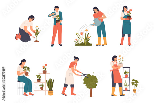 Set illustration of woman planting flower. gardener woman taking care of flower plants. Illustration for website, landing page, mobile app, poster and banner.