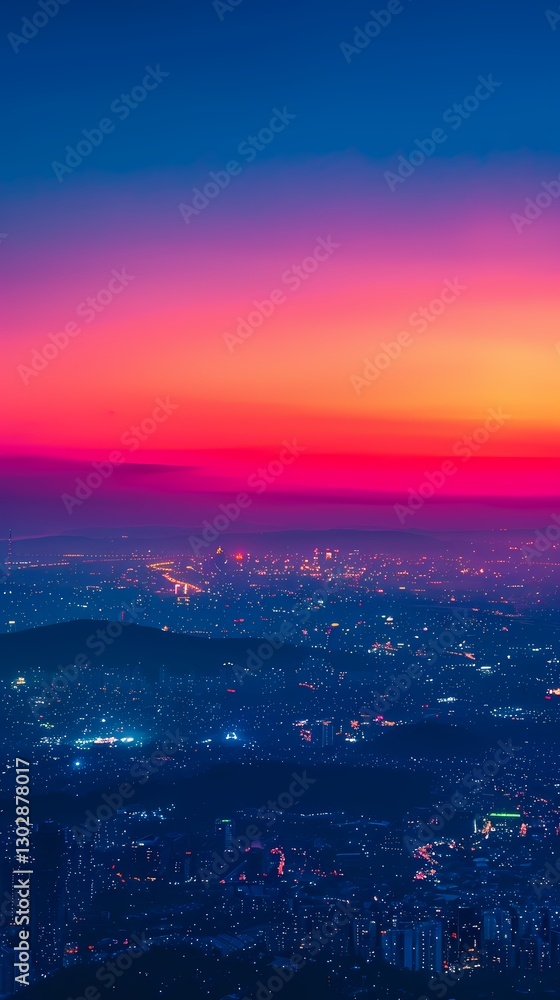 Naklejka premium Red and blue gradient sky mountains illustration poster background