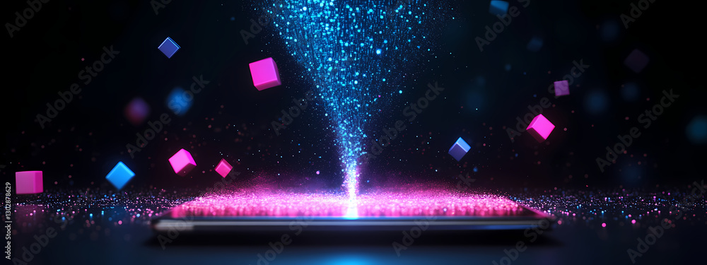 Obraz premium Holographic Data Funnel Emerging from Tablet