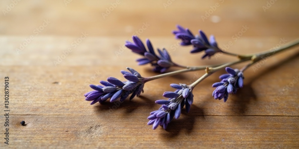 Obraz premium A Delicate Sprig of Purple Flowers Resting on a Smooth Wooden Surface