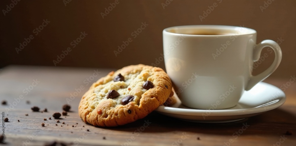 Half-eaten cookie, coffee nearby Simple setting , dark, tabletop photography