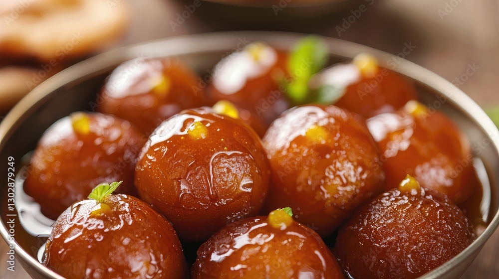 Delicious and Sweet Gulab Jamun Dessert with a Touch of Mint Delicious and Sweet Gulab Jamun Dessert with a Touch of Mint
