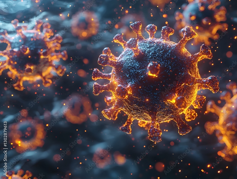 Obraz premium Vibrant Glowing Virus Particles Merging in Dynamic Visual Concept with Copy Space