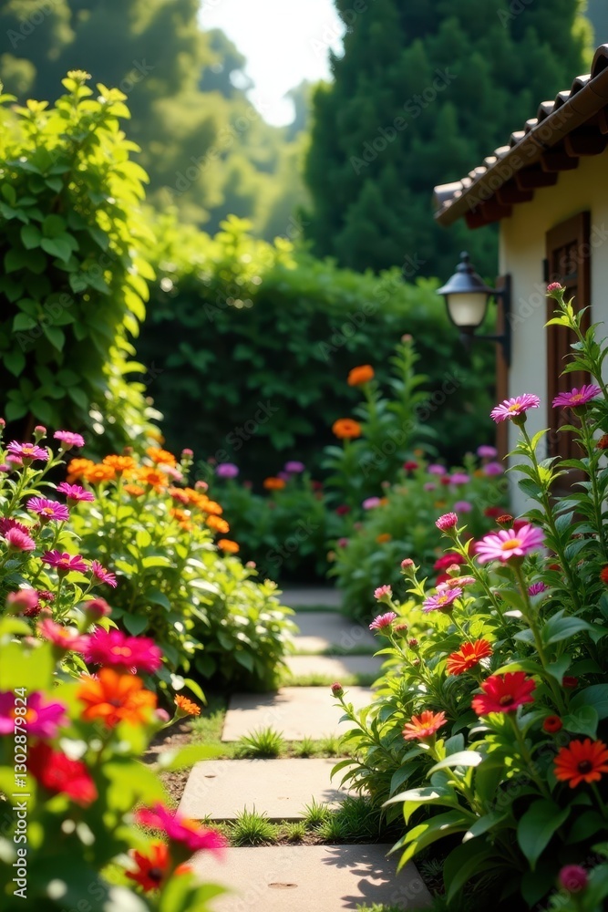 Obraz premium Abundant flowers, thriving plants, sunny backyard oasis , oasis, sun, aesthetic