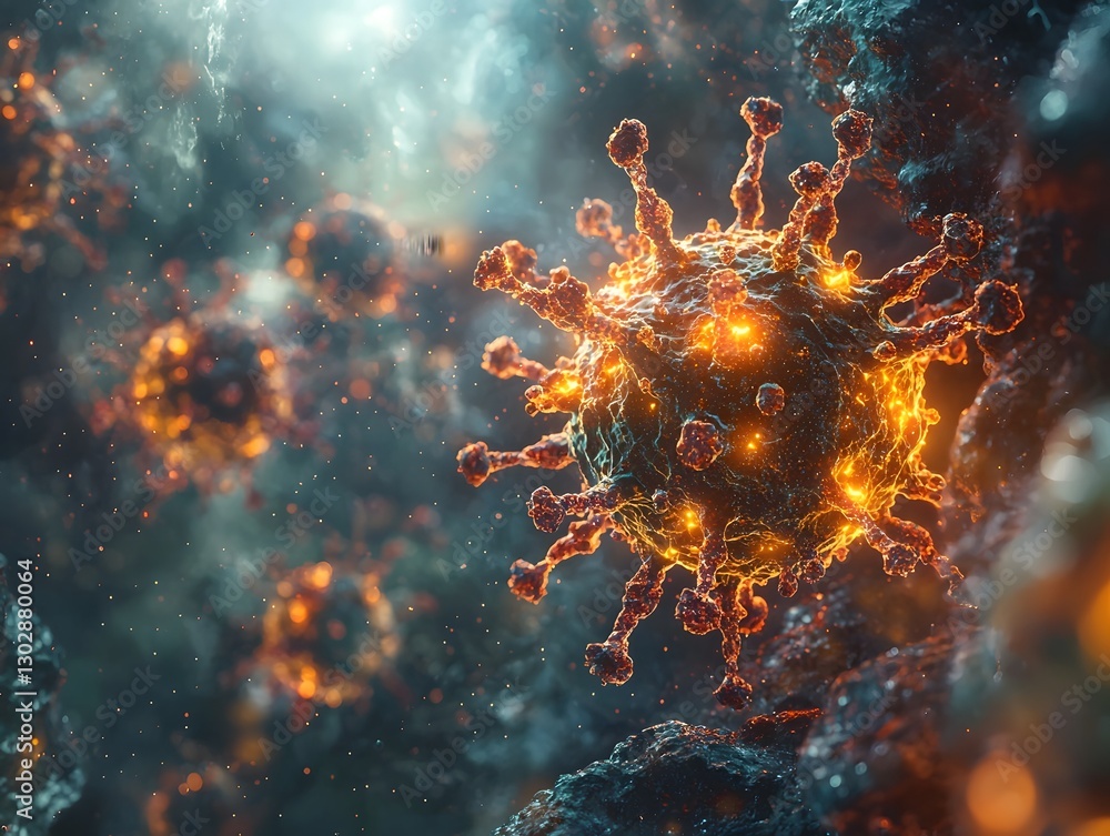 Obraz premium Glowing Viral Particles Floating in Zero Gravity Digital Rendering